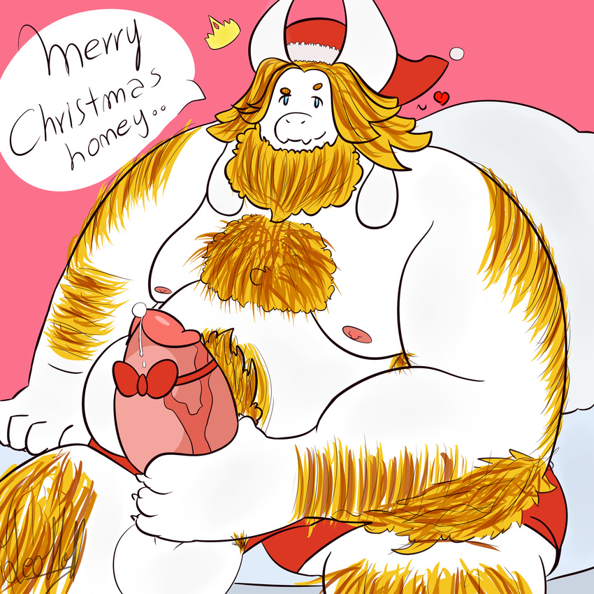 absurd_res asgore_dreemurr balls beard bow_tie caprine erection facial_hair father fur goat hi_res male mammal overweight parent penis slightly_chubby solo thick_penis undertale video_games