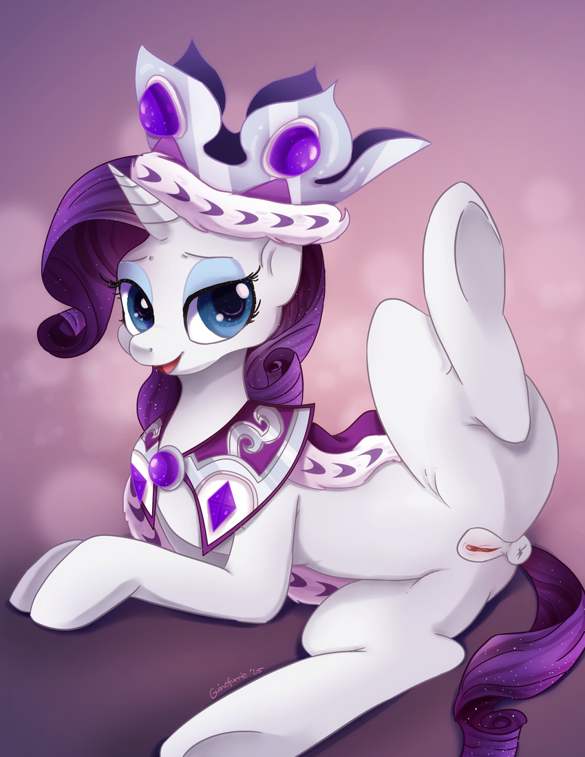 2015 absurd_res anus blue_eyes clitoris crown equine eyelashes eyeshadow female feral friendship_is_magic guinefurrie hair hi_res horn long_hair looking_at_viewer makeup mammal my_little_pony princess_platinum_(mlp) purple_hair pussy rarity_(mlp) solo spread_legs spreading underhoof unicorn