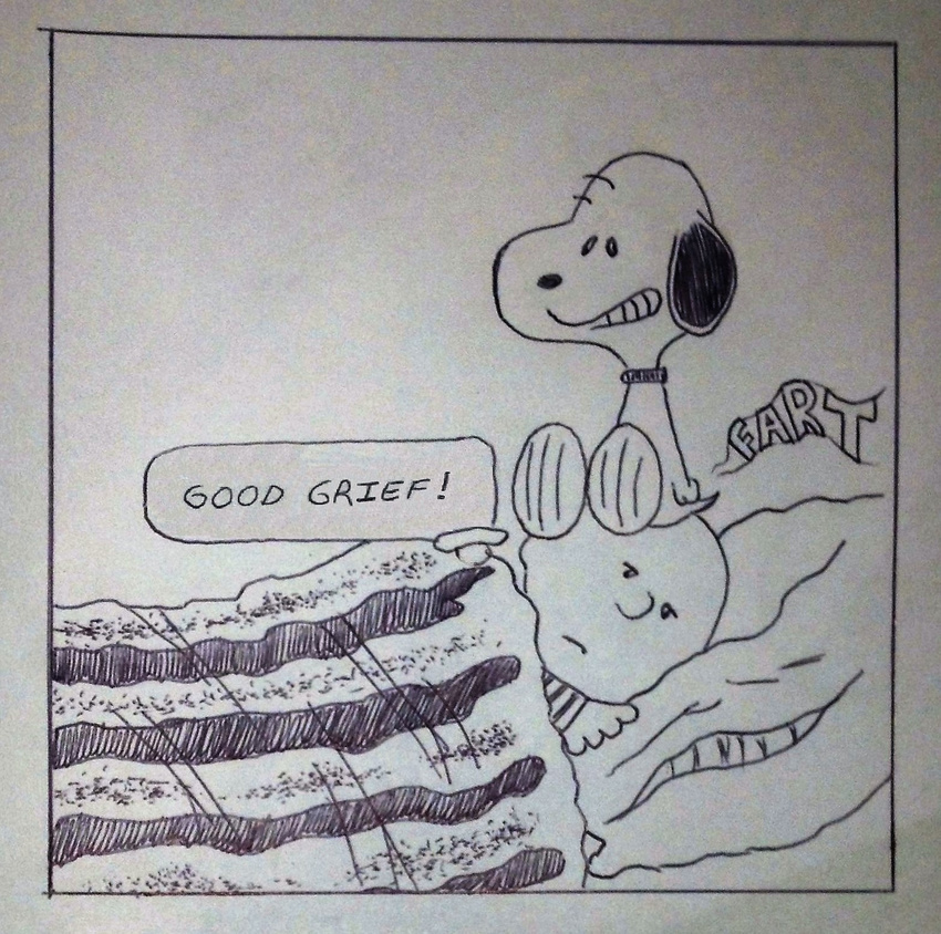 bed canine charlie_brown comic dialogue dog duo facesitting fart hi_res human male male/male mammal peanuts pen_(artwork) smile sniffing snoopy text traditional_media_(artwork)
