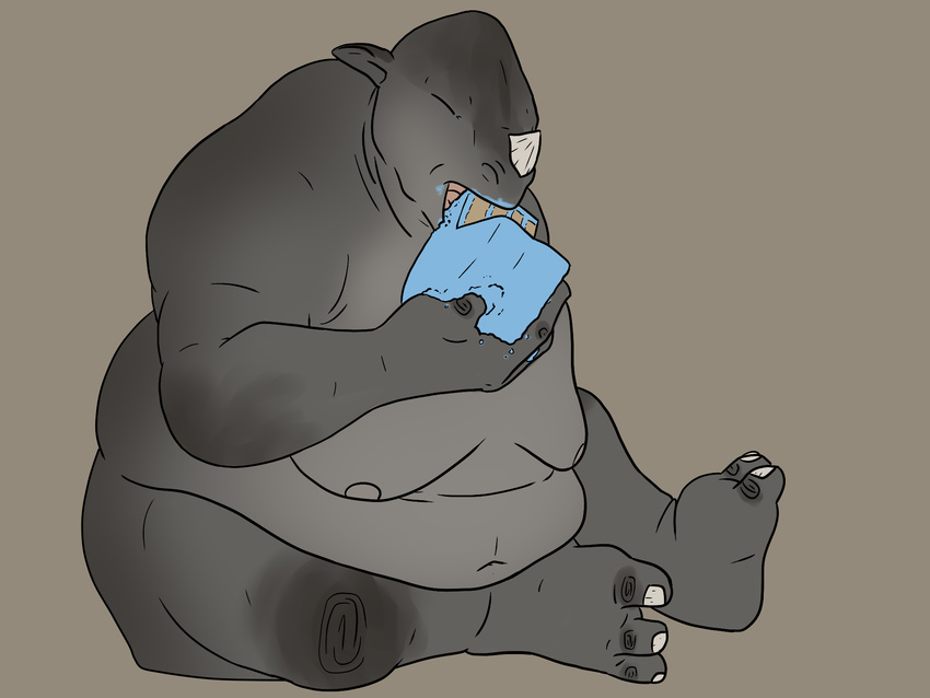 2016 anthro belly big_belly cake eating food hi_res horn lionsilverwolf male mammal moobs navel nipples nude open_mouth overweight rhinoceros simple_background solo