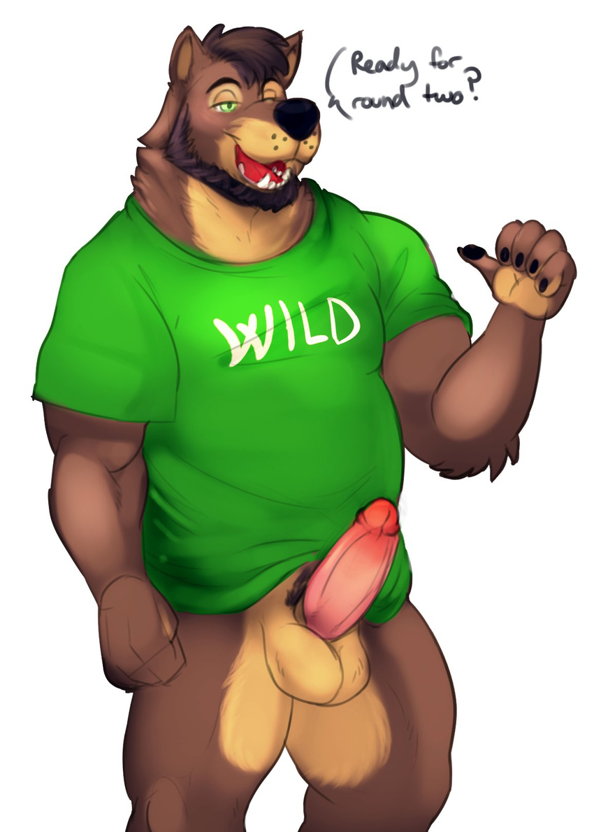 balls bottomless canine clothed clothing colored erection hi_res horrorbuns male mammal muscular penis shirt simple_background solo white_background wolf