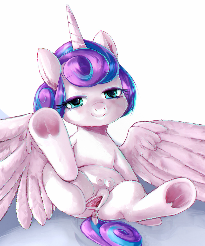 2016 absurd_res anus cub equine female feral flurry_heart_(mlp) friendship_is_magic hair hi_res hooves horn looking_at_viewer mammal multicolored_hair my_little_pony pussy simple_background smile solo somessedup spread_legs spreading teats two_tone_hair underhoof white_background winged_unicorn wings young
