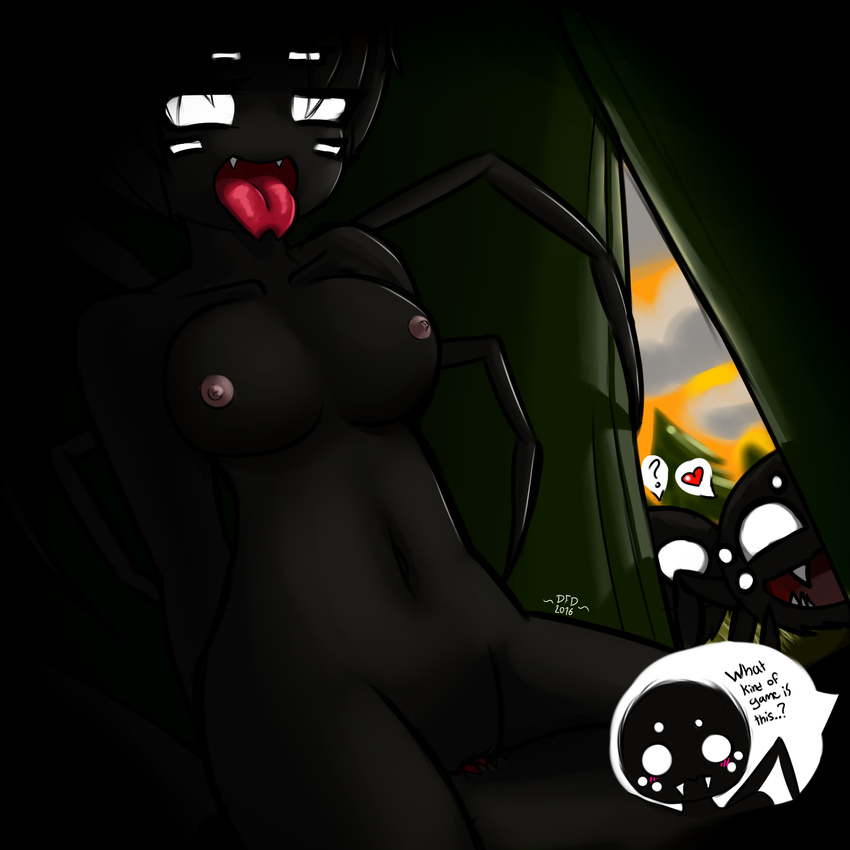 &lt;3 anthro arachne arachnid arthropod black_fur black_hair breasts cowgirl_(disambiguation) datfurrydude dialogue don't_starve duo empty_eyes fan_character female fur hair hi_res insect_girl male male/female navel nipples nude pussy smile speech_bubble spider tongue tongue_out webber