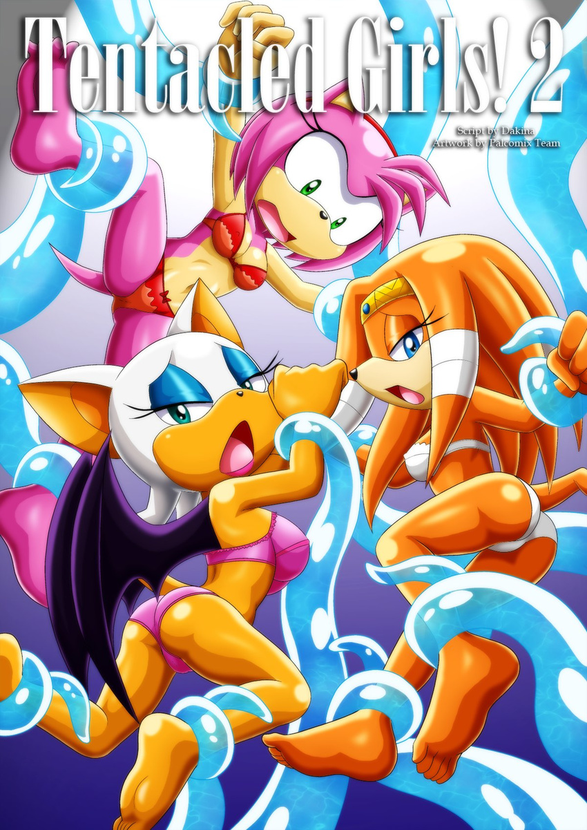 2016 amy_rose bat bbmbbf bra breasts camel_toe chaos_(sonic) cleavage clothed clothing comic crown digital_media_(artwork) echidna erect_nipples female gem group hairband hedgehog hi_res imminent_rape mammal mobius_unleashed monotreme nipples palcomix panties rouge_the_bat sonic_(series) tentacles text tiara tikal_the_echidna translucent underwear