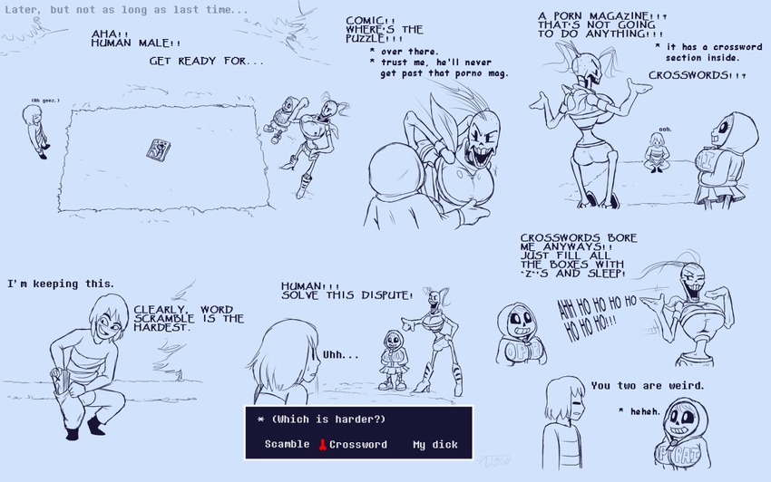 bent_over clothing comic_(under(her)tail) crouching dialogue digital_media_(artwork) english_text female hoodie human magazine male mammal not_furry papyrus_(undertale) protagonist_(undertale) sans_(undertale) skirt snow tempus_(under(her)tail) text thewill undertale video_games