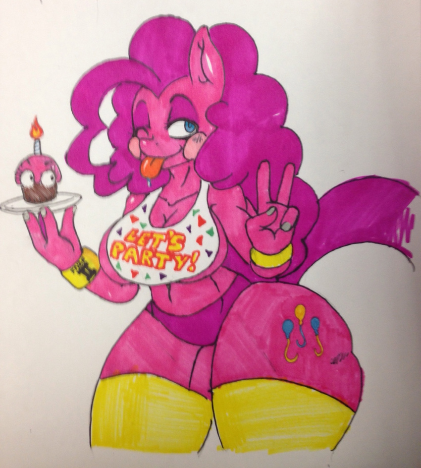 anthro anthrofied big_breasts breasts cleavage clothed clothing cosplay cupcake_(fnaf) cutie_mark duo earth_pony equine female five_nights_at_freddy's five_nights_at_freddy's_2 friendship_is_magic hi_res horse jaynatorburudragon legwear mammal marker_(artwork) my_little_pony one_eye_closed panties pinkie_pie_(mlp) pony side_boob thick_thighs thigh_highs tongue tongue_out toy_chica_(fnaf) traditional_media_(artwork) under_boob underwear video_games wide_hips wink