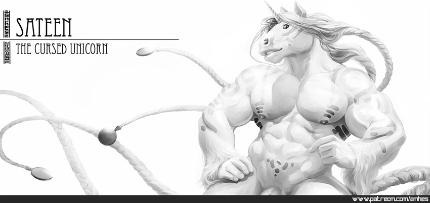 abs anhes anthro biceps big_muscles bodypaint equine fur hair horn male mammal monochrome muscular nipples nude pecs penis solo teeth unicorn vein
