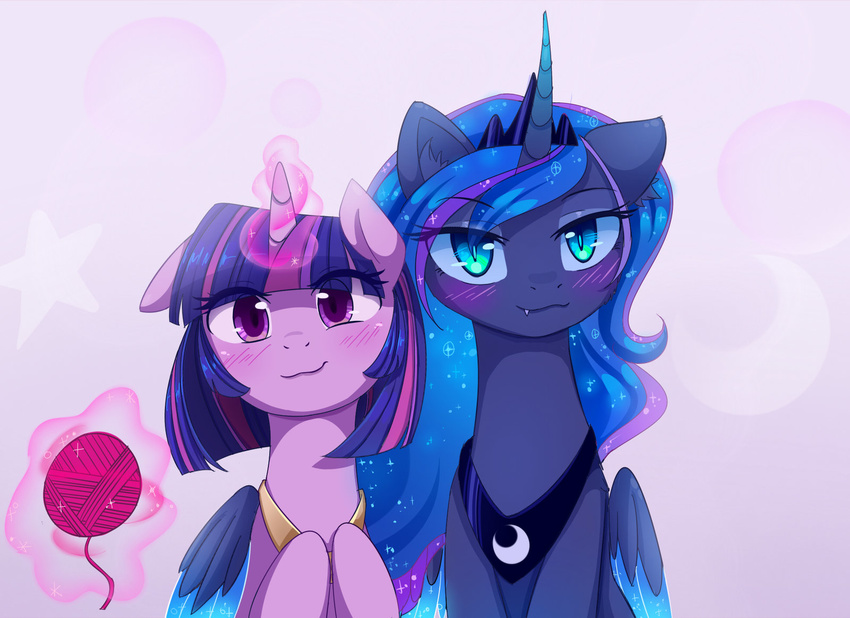 2016 ball_of_yarn blue_hair blush crown cute duo equine fangs female feral friendship_is_magic glowing hair horn inner_ear_fluff jewelry levitation long_hair looking_at_viewer lyra-senpai magic mammal my_little_pony necklace princess_luna_(mlp) purple_eyes smile sparkles twilight_sparkle_(mlp) unicorn wing_hug winged_unicorn wings yarn