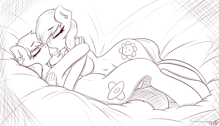 2014 after_kiss anthro bandaid_(oc) bed blush breast_squish breasts breasts_frottage cutie_mark duo ear_piercing equine eyes_closed fan_character female female/female hand_behind_back horse hug inner_ear_fluff kissing lying mammal monochrome my_little_pony navel nude on_back on_bed piercing pony replica_(artist) reppy saliva saliva_string