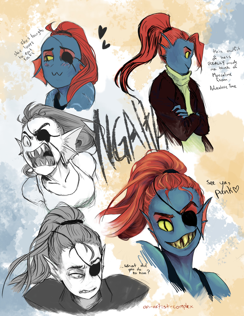 &lt;3 :3 an-artist-complex_(artist) angry armor blue_skin blush clothing dialogue english_text eye_patch eyewear female fish hair hi_res jacket marine monster noseless open_mouth red_hair sad sharp_teeth smile solo teeth text undertale undyne video_games yellow_eyes