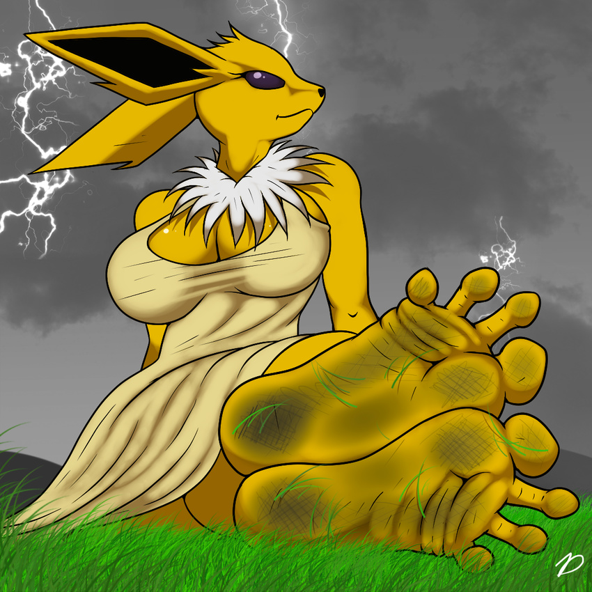 2015 anthro big_breasts breasts clothing dirty_feet dress eeveelution female foot_focus grass hill humanoid_feet jolteon lightning nintendo pok&eacute;mon solo video_games zp92