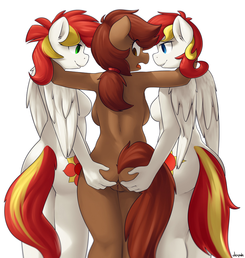 2014 absurd_res anthro back_boob blue_eyes bollin breasts brown_eyes brown_hair butt butt_grab derpah equine fan_character female green_eyes hair hand_on_butt hi_res horse looking_back lotus_heat mammal multicolored_hair my_little_pony nude petal_spark pony ponytail pussy rear_view sibling side_boob simple_background sisters twins