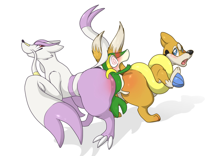 2016 backsash big_butt black_nose blue_eyes blush butt butt_squish digital_media_(artwork) female feral floatzel fur group hi_res looking_back mammal mienshao mustelid nintendo open_mouth pok&eacute;mon red_eyes reptile scalie simple_background size_difference smile snivy tongue video_games white_background