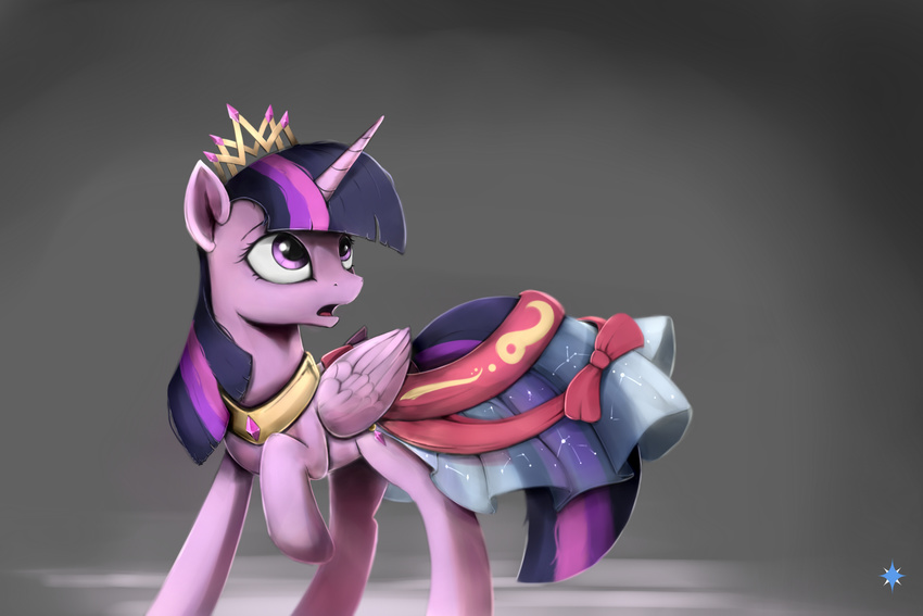 2015 clothed clothing crown dress equine female feral friendship_is_magic grey_background hair hi_res horn jewelry looking_up mammal my_little_pony necklace noctilucent-arts open_mouth purple_eyes simple_background solo twilight_sparkle_(mlp) winged_unicorn wings