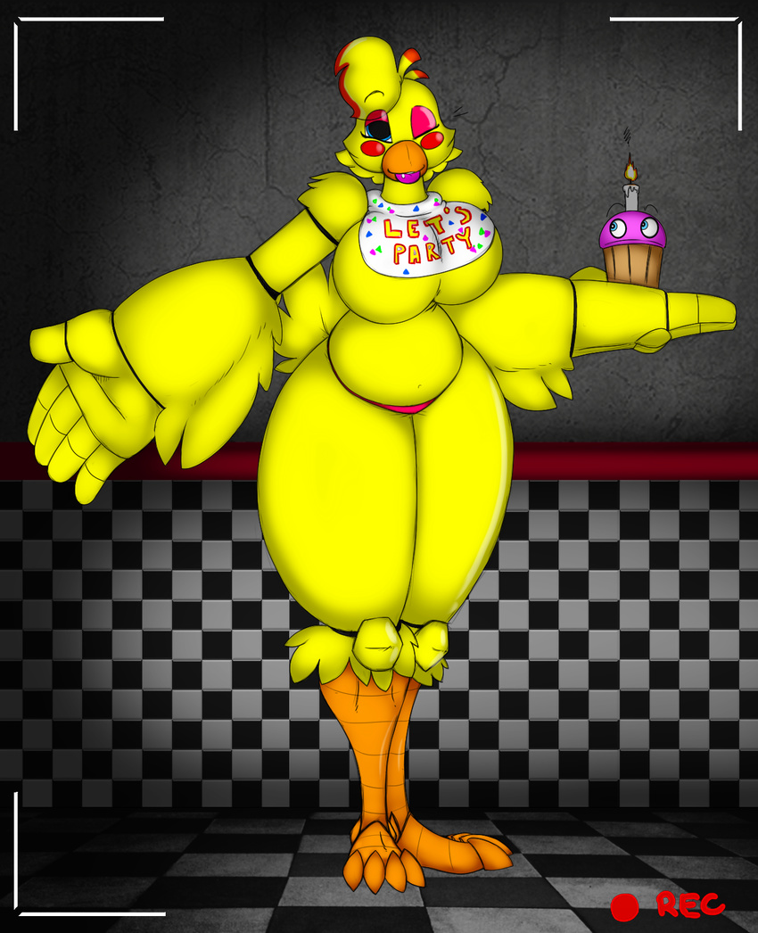 animatronic anthro avian beak bib big_breasts bird blush breasts chicken clothing cupcake_(fnaf) cute eyeshadow feathers five_nights_at_freddy's five_nights_at_freddy's_2 heartman98 hi_res lips machine makeup one_eye_closed panties robot smile solo thick_thighs toy_chica_(fnaf) underwear video_games wide_hips wink