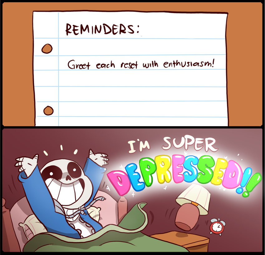 2koma alarm_clock bed clock comic commentary english falling grin highres hood hoodie lamp mudkipful paper parody rainbow_text sans skeleton smile spoilers sticky_note undertale waking_up