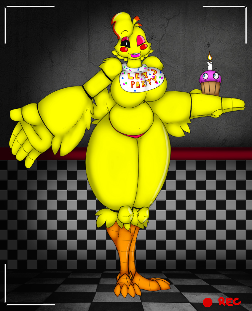 animatronic anthro avian beakless bib big_breasts bird blush breasts chicken clothing cupcake_(fnaf) cute eyeshadow feathers five_nights_at_freddy's five_nights_at_freddy's_2 heartman98 hi_res lips looking_at_viewer machine makeup one_eye_closed panties robot smile solo thick_thighs toy_chica_(fnaf) underwear video_games wide_hips wink