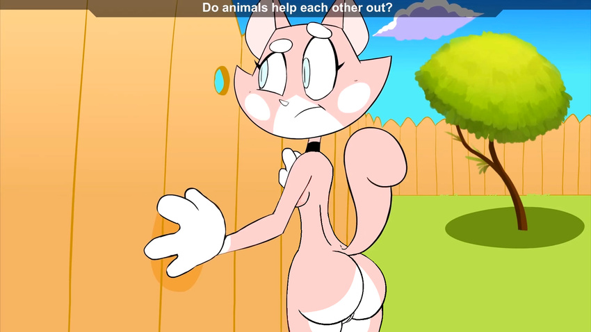 16:9 big_butt breasts butt cat feline female fence fur hi_res mammal nude outside pink_fur pussy shima_luan super_planet_dolan tree unknown_artist vimhomeless