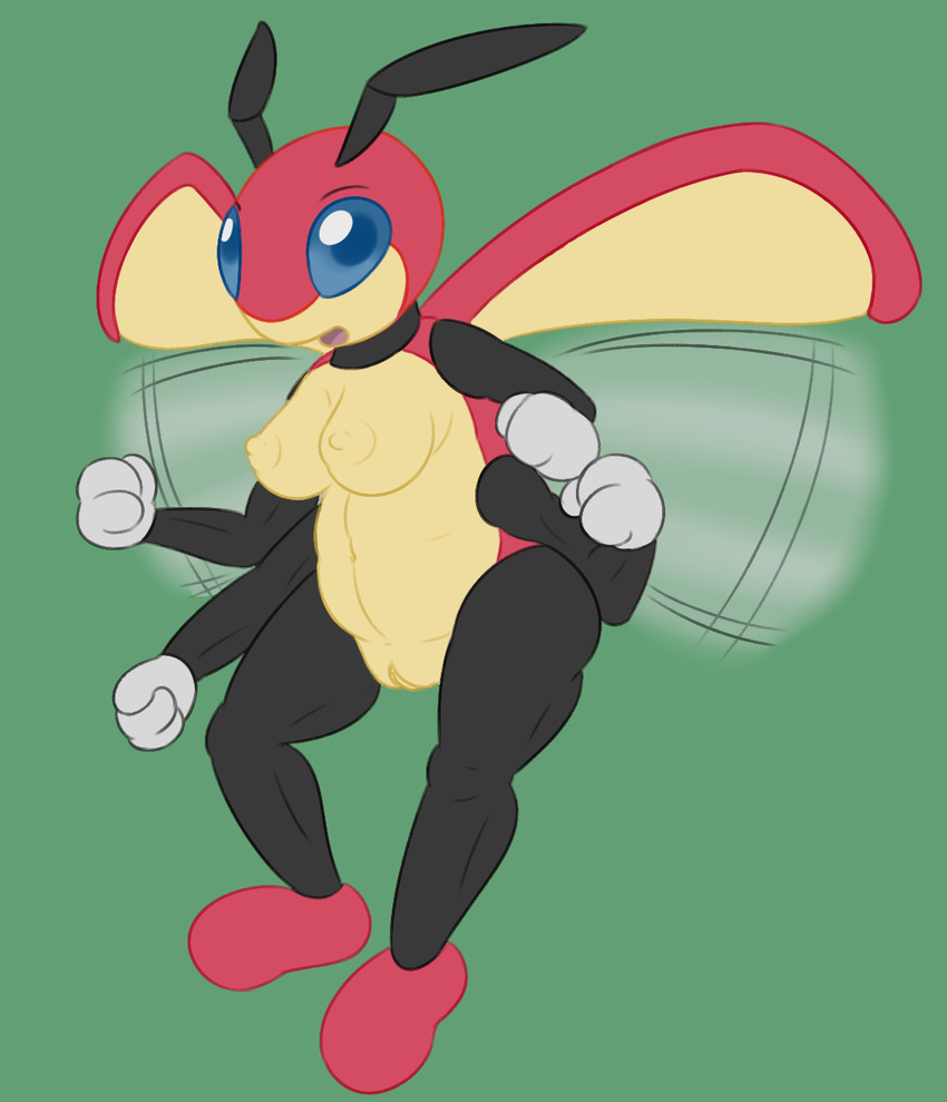 antennae anthro areola arthropod blue_eyes breasts erect_nipples female hi_res insect ledian looking_at_viewer multi_arm multi_limb navel nintendo nipples nude open_mouth pok&eacute;mon posexe pussy simple_background smile solo tongue video_games wings