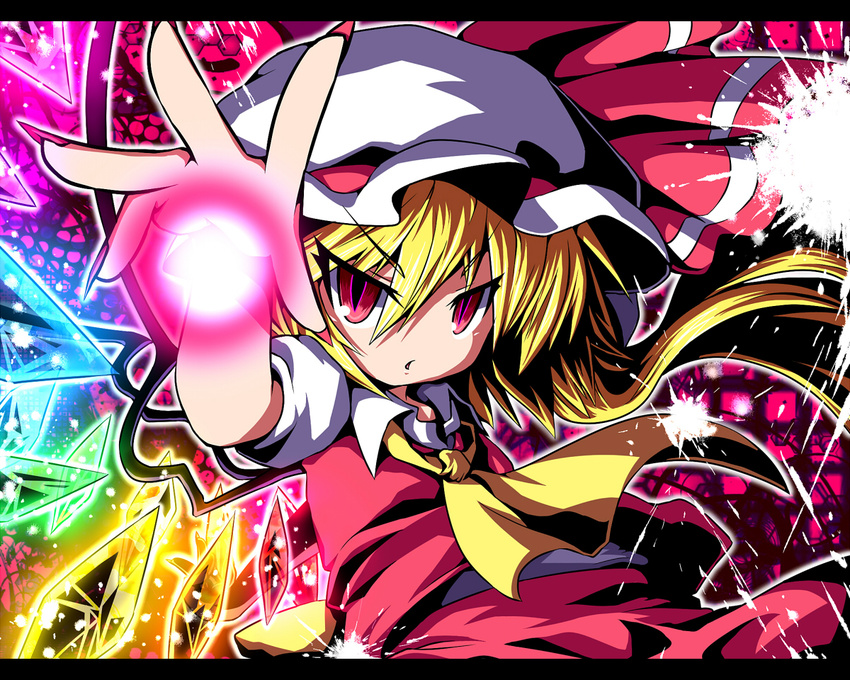 ascot ayakashi_(monkeypanch) blonde_hair cowboy_shot dress expressionless flandre_scarlet glowing hair_between_eyes hat letterboxed looking_at_viewer mob_cap orb puffy_short_sleeves puffy_sleeves red_dress red_eyes short_sleeves solo touhou