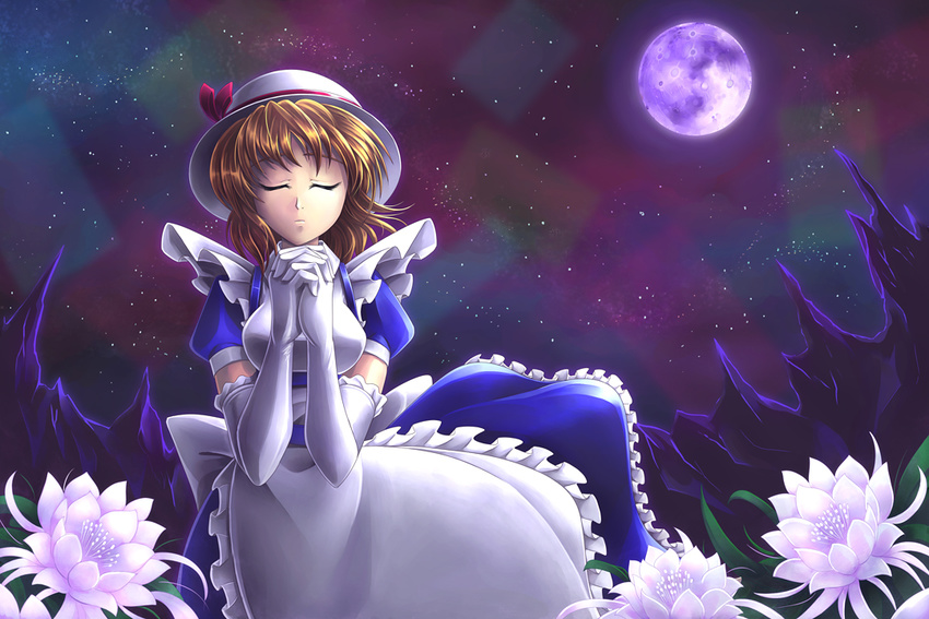 apron blonde_hair closed_eyes gloves hands_clasped hat hat_ribbon kana_anaberal koto_tsubane moon night night_sky own_hands_together ribbon sky solo star_(sky) starry_sky touhou touhou_(pc-98)
