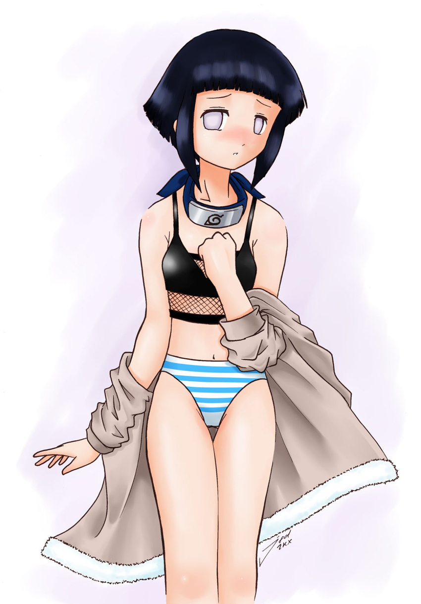 artist_request ass_visible_through_thighs bangs bare_legs bare_shoulders black_bra blue_hair blush bra brown_coat clenched_hand clothes_down coat d: embarrassed feet_out_of_frame fishnets forehead_protector fur-trimmed_coat fur_trim furrowed_eyebrows grey_eyes hand_up highres hyuuga_hinata konohagakure_symbol legs_together long_sleeves looking_at_viewer naruto naruto_(series) navel ninja no_pants nose_blush open_clothes open_coat open_mouth panties short_hair sidelocks signature simple_background solo standing striped striped_panties thigh_gap training_bra underwear white_background white_panties