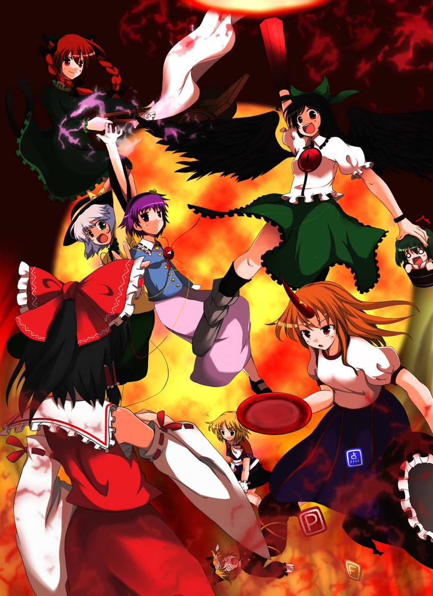 black_hair black_wings blush brooch brown_hair gem green_skirt hakurei_reimu highres horn hoshiguma_yuugi jewelry kaenbyou_rin kisume komeiji_koishi komeiji_satori kurodani_yamame long_hair long_skirt meneru mizuhashi_parsee multiple_girls puffy_short_sleeves puffy_sleeves purple_hair reiuji_utsuho short_sleeves skirt subterranean_animism touhou wings