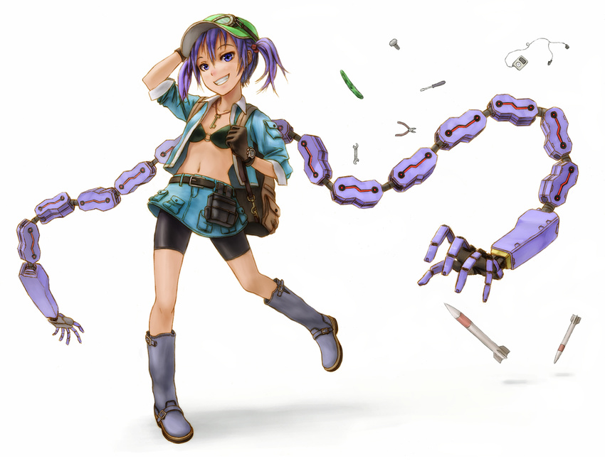 alternate_costume backpack bad_id bad_pixiv_id bag belt bike_shorts bikini_top blue_eyes blue_hair boots contemporary cucumber digital_media_player double_sided_wrench flat_chest gloves goggles goggles_on_head grin hair_bobbles hair_ornament hat highres ipod jacket jewelry kawashiro_nitori key kurione_(zassou) leg_lift legs mechanical_arm midriff missile navel necklace nobiiru_arm o-ring o-ring_top pliers screw screwdriver short_hair short_twintails skirt sleeves_rolled_up smile solo touhou twintails watch wrench wristwatch