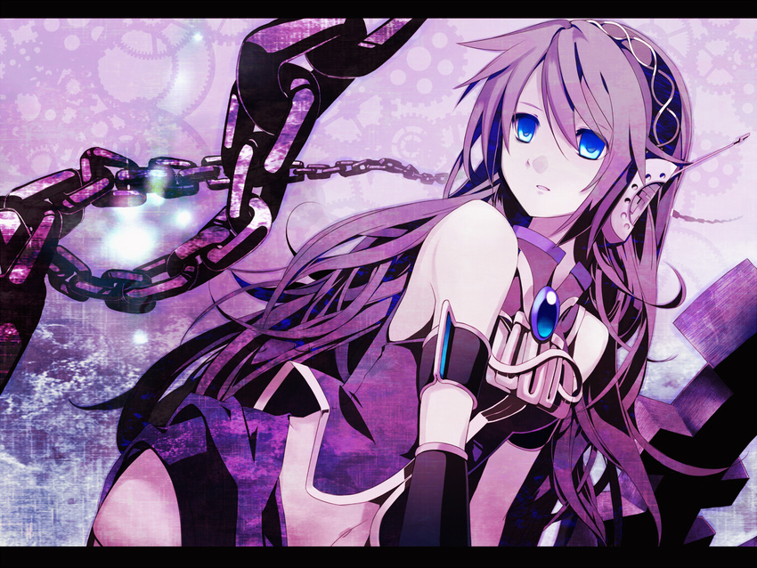 bad_id bad_pixiv_id blue_eyes chain headphones letterboxed long_hair megurine_luka navel potchi solo thighhighs very_long_hair vocaloid