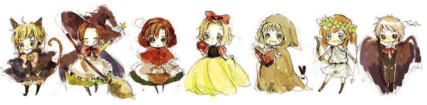 ahoge animal_ears apple arrow axis_powers_hetalia bad_id bad_pixiv_id basket blonde_hair bow bow_(weapon) brown_hair cape food fruit grimm's_fairy_tales hair_bow hat hungary_(hetalia) latvia_(hetalia) little_red_riding_hood little_red_riding_hood_(grimm) long_image multiple_boys northern_italy_(hetalia) poland_(hetalia) prussia_(hetalia) snow_white_(grimm) snow_white_and_the_seven_dwarfs southern_italy_(hetalia) tail toga u-nico united_kingdom_(hetalia) vampire wand weapon wide_image witch_hat