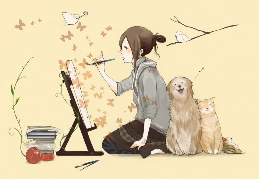 art_brush bird brown_hair canvas_(object) cat coba dog easel highres kneeling original paintbrush painting short_hair skirt sleeves_pushed_up solo sweater