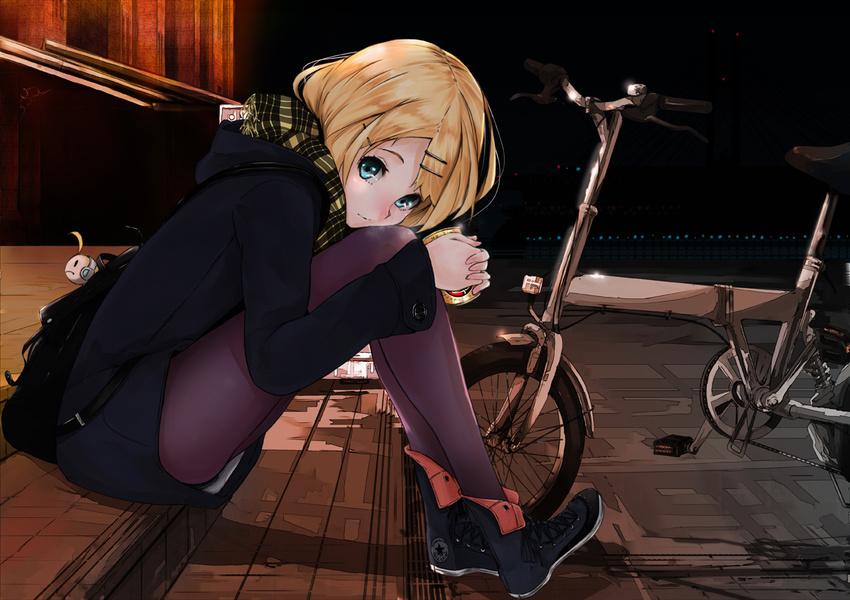 bag bag_charm bicycle blonde_hair blue_eyes breath can casual character_doll charm_(object) coat folding_bicycle from_side ground_vehicle hair_ornament hairclip head_rest hood hood_down kagamine_len kagamine_rin knees_up leg_hug long_sleeves looking_at_viewer mille_(dieci) night outdoors pantyhose scarf short_hair sitting solo steam vocaloid