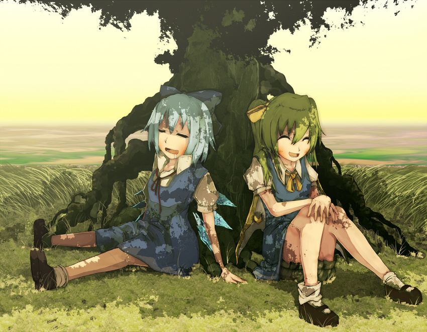 ^_^ arm_support bad_id bad_pixiv_id bangs black_footwear bloomers blue_bow blue_dress blue_hair blue_wings blush bow cirno closed_eyes crescent daiyousei dappled_sunlight day dress drooling grass hair_between_eyes hair_bow hair_ribbon hands_on_own_knees ice ice_wings laughing long_hair mary_janes multiple_girls neck_ribbon on_ground one_side_up open_mouth outdoors plant puffy_short_sleeves puffy_sleeves red_ribbon ribbon shirt shoes short_hair short_sleeves sitting sky sleeping socks sunlight tokoroten_(hmmuk) touhou tree tree_shade under_tree underwear upskirt white_legwear white_shirt wings yellow_bow yellow_ribbon