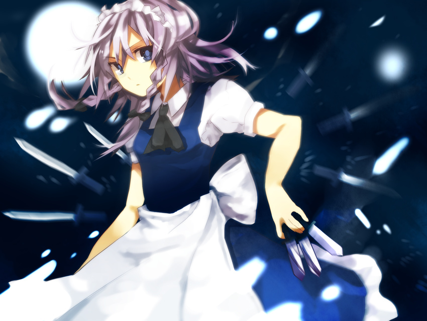 apron bad_id bad_pixiv_id blue_eyes braid full_moon highres holding izayoi_sakuya knife lavender_hair maid_headdress moon night serious short_hair short_sleeves solo touhou twin_braids wallpaper yunaru