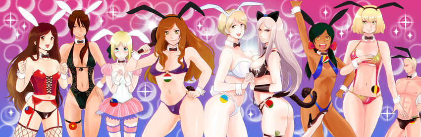 abs animal_ears ass axis_powers_hetalia bad_id bad_pixiv_id belarus_(hetalia) belgium_(hetalia) bikini blue_eyes bow bowtie breast_press breasts brown_eyes brown_hair bunny_boy bunny_ears bunny_girl bunny_tail cat_ears cat_tail cleavage corset dress fishnet_legwear fishnets frying_pan garters germany_(hetalia) green_eyes hair_ribbon high_heels highres hungary_(hetalia) large_breasts latex liechtenstein_(hetalia) lingerie long_hair male_swimwear money money_hold multiple_girls muto25 navel orange_eyes panties ponytail ribbon seychelles_(hetalia) shoes short_hair short_twintails silver_hair swim_briefs swimsuit swimwear symmetrical_docking tail taiwan_(hetalia) thighhighs thighs thong thong_bikini twintails ukraine_(hetalia) underwear vietnam_(hetalia) wing_collar wrist_cuffs