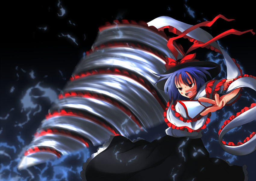 bad_hands blue_hair capelet drill frills giga_drill_break hat highres meneru nagae_iku red_eyes shawl solo touhou