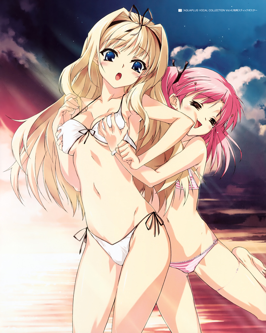 =_= absurdres barefoot bikini blonde_hair blush breast_grab breasts cleavage grabbing hair_ribbon highres kawata_hisashi kusugawa_sasara light_rays long_hair maaryan medium_breasts multiple_girls navel pink_hair poster ribbon seaside side-tie_bikini small_breasts striped striped_bikini sunbeam sunlight sunset swimsuit to_heart_2 white_bikini yuri