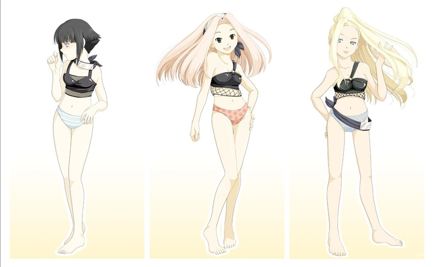 alternate_costume blue_panties booism bra fishnet_top forehead_protector full_body haruno_sakura hyuuga_hinata multiple_girls naruto naruto_(series) ninja panties pink_panties simple_background striped striped_panties training_bra underwear underwear_only white_background yamanaka_ino