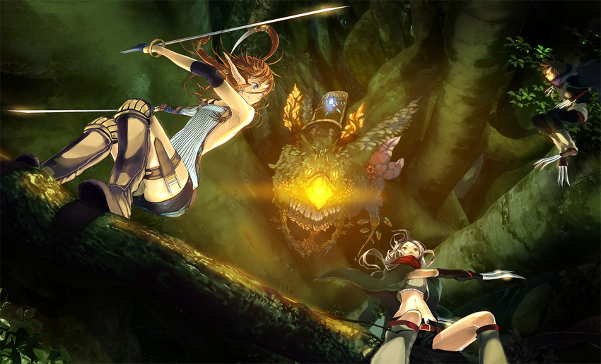 2girls blonde_hair blue_eyes brown_hair dual_wielding fantasy forest holding katou_taira multiple_girls nature pixiv_fantasia pixiv_fantasia_4 pointy_ears sword tree weapon