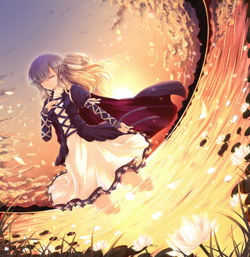 cetera closed_eyes dutch_angle evening fisheye flower gradient_hair hand_on_own_chest highres hijiri_byakuren lily_pad long_hair lotus multicolored_hair sky solo standing sun sunset touhou wading water
