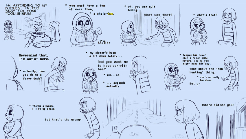 animated_skeleton blush bone bulge clothing comic_(under(her)tail) crossgender female hoodie humor male not_furry papyrus_(undertale) parody protagonist_(undertale) pun sans_(undertale) skeleton snow tempus_(under(her)tail) text thewill undead undertale video_games