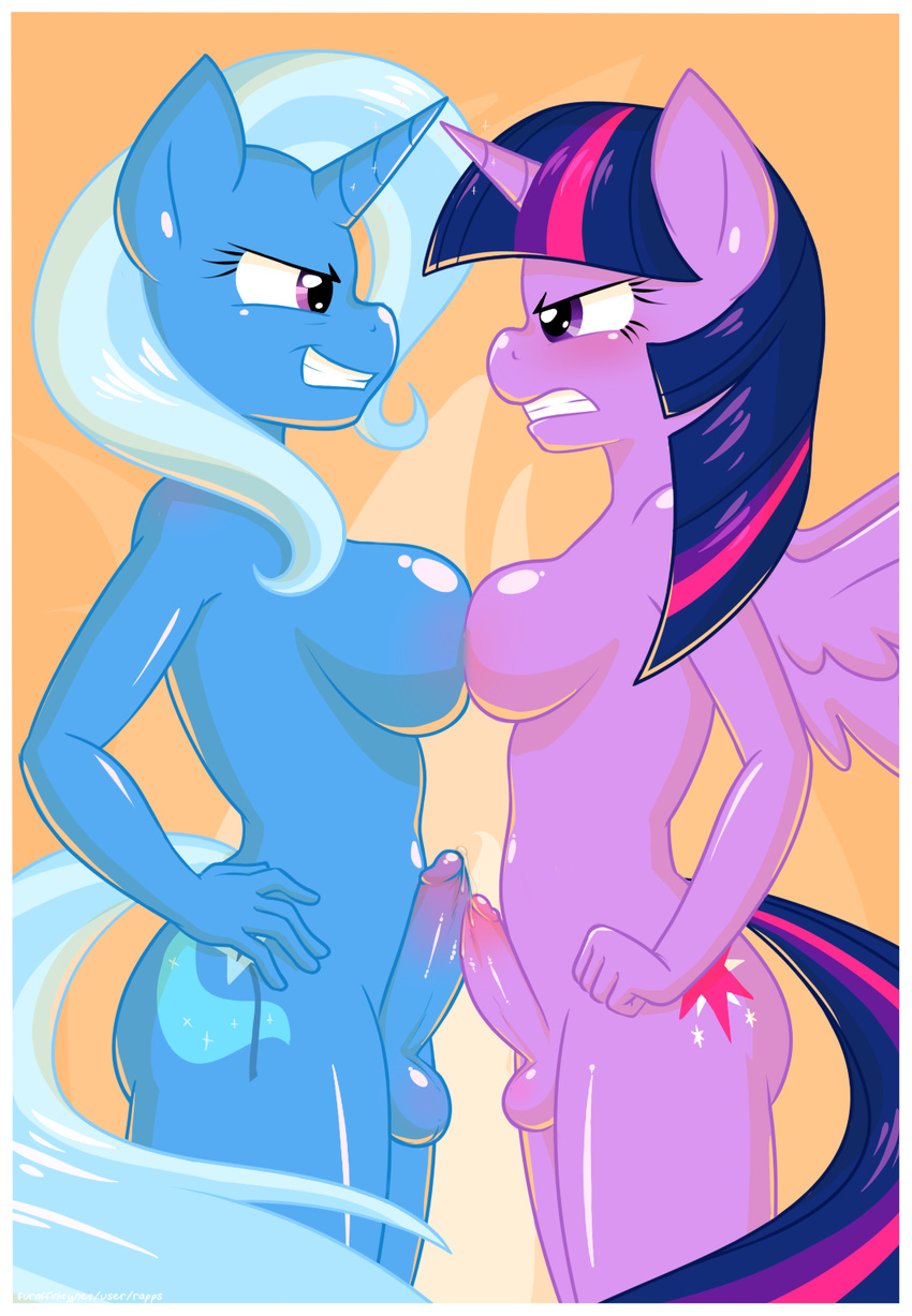2016 angry balls big_breasts blue_hair blue_skin blush breast_squish breasts comparing comparing_penis cutie_mark dickgirl duo equine erection feathers friendship_is_magic hair hi_res horn humanoid_penis intersex long_hair mammal multicolored_hair my_little_pony nude penis penis_size_difference pink_hair precum purple_eyes purple_feathers purple_hair purple_skin rapps standing teeth trixie_(mlp) twilight_sparkle_(mlp) unicorn white_hair winged_unicorn wings
