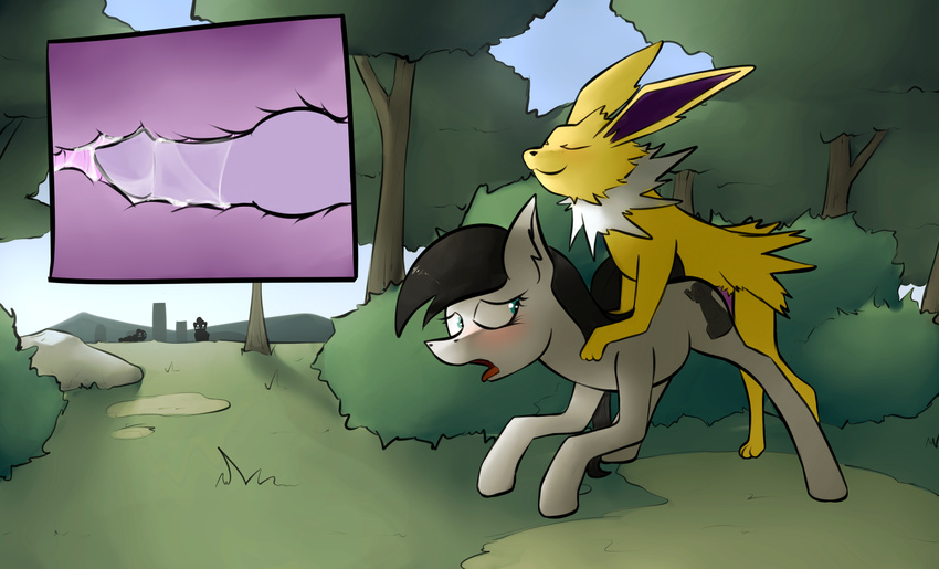 crossover cum cum_in_pussy cum_inside digital_media_(artwork) duo_focus eeveelution equine fan_character female feral fohlen forest group hi_res horse internal interspecies jolteon knot male male/female mammal marsminer my_little_pony nintendo pok&eacute;mon pony silhouette tree vaginal video_games