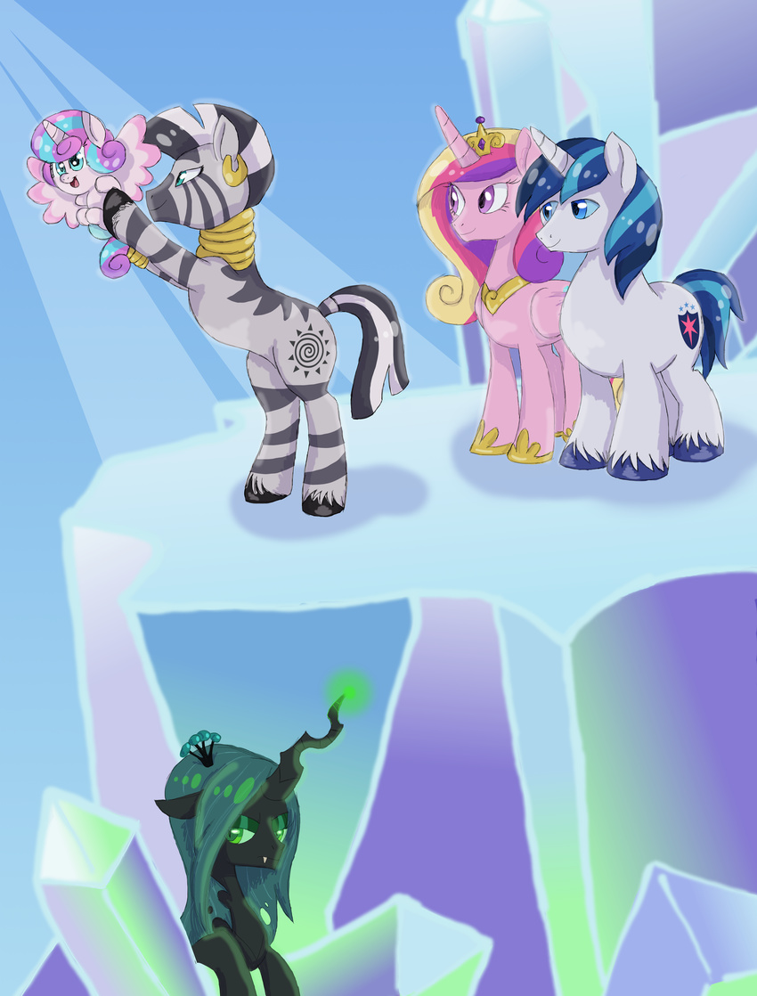 absurd_res cutie_mark equine feral flurry_heart_(mlp) friendship_is_magic fur group hair hi_res horn itoruna mammal multicolored_hair my_little_pony princess_cadance_(mlp) queen_chrysalis_(mlp) shining_armor_(mlp) stripes two_tone_hair unicorn winged_unicorn wings zebra zecora_(mlp)