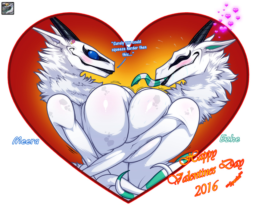 &lt;3 2016 absurd_res big_breasts big_mouth black_horns blue_eyes blush breast_squish breasts breasts_frottage butt dialogue digital_media_(artwork) drooling duo elbows english_text entwined_tails eyes_closed female feral fur hi_res holding_(disambiguation) holding_each_other holidays horn huge_breasts mane nude pointy_ears ringed_tail saliva side_boob smile smirk spots striped_tongue sweat synx text tongue valentine's_day walter_sache white_fur