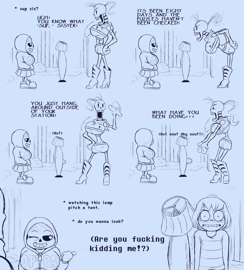 animated_skeleton bone bulge clothing comic_(under(her)tail) crossgender female hi_res high_heels hoodie human humor male mammal not_furry papyrus_(undertale) parody protagonist_(undertale) sans_(undertale) skeleton snow tempus_(under(her)tail) tenting thewill undead undertale video_games