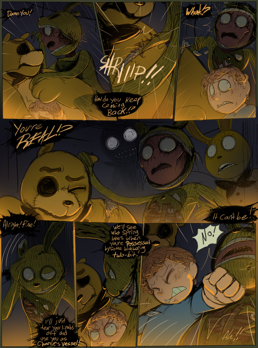 2016 animatronic atlas-white comic dialogue english_text fight five_nights_at_freddy's five_nights_at_freddy's_3 golden_freddy_(fnaf) hi_res human lagomorph machine mammal punch rabbit robot springtrap_(fnaf) tears text video_games