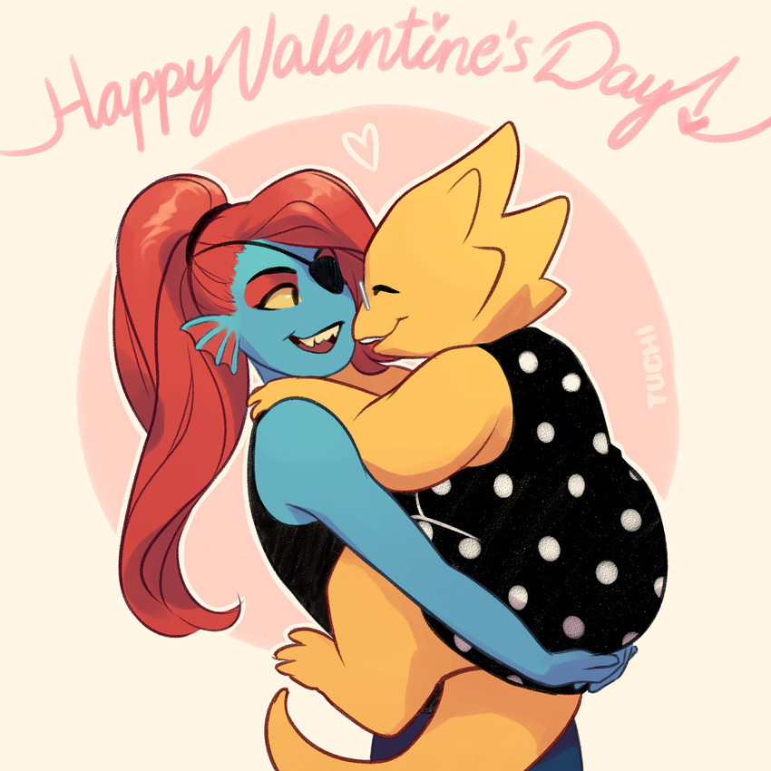 &lt;3 2016 alphys anthro clothed clothing cute dress duo eye_patch eyewear female female/female fish hair hi_res holidays marine menechi red_hair reptile scalie teeth undertale undyne valentine's_day video_games
