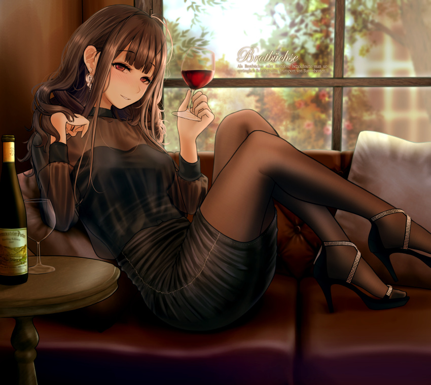 alcohol bangs black_dress black_footwear blunt_bangs blurry blurry_background blush bottle breasts brown_hair brown_legwear commentary couch cup day dress drinking_glass dsr-50_(girls_frontline) earrings eyebrows_visible_through_hair fashion feet_on_chair feet_out_of_frame german girls_frontline hair_ornament hand_in_hair head_tilt high_heels highres holding holding_cup indoors jewelry knees_up large_breasts long_hair long_sleeves looking_at_viewer pantyhose parted_lips pillow reclining red_eyes revision see-through sidelocks sitting sitting_sideways smile solo stiletto_heels strapless strapless_dress strappy_heels table testame tube_dress very_long_hair window wine wine_glass