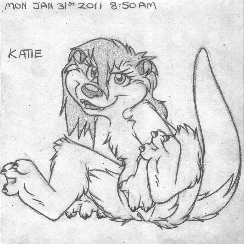 2011 absurd_res anthro barefoot clitoris cub cute_fangs english_text female front_view greyscale hi_res katie_kirster looking_at_viewer mammal mizzyam monochrome mustelid naughty_face nude one_leg_up open_mouth otter pencil_(artwork) pussy sitting solo spread_legs spreading text traditional_media_(artwork) webbed_hands young